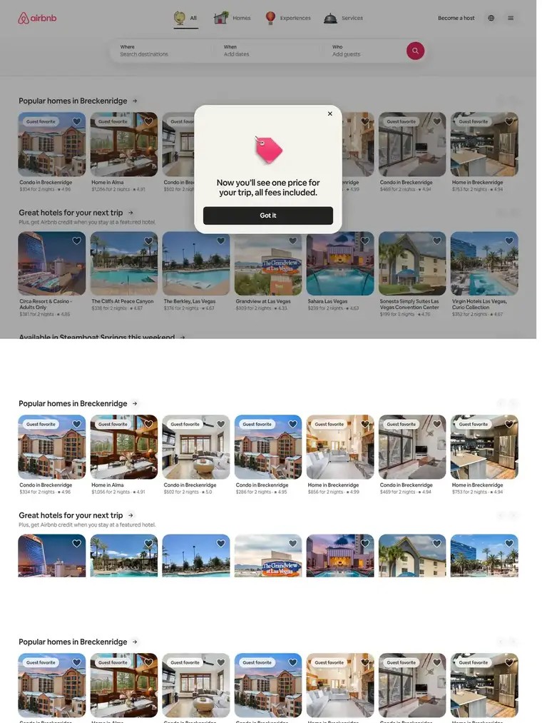 Airbnb homepage, full page capture