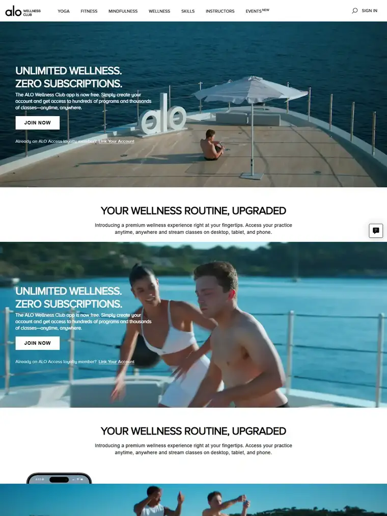Alo Moves homepage, full page capture