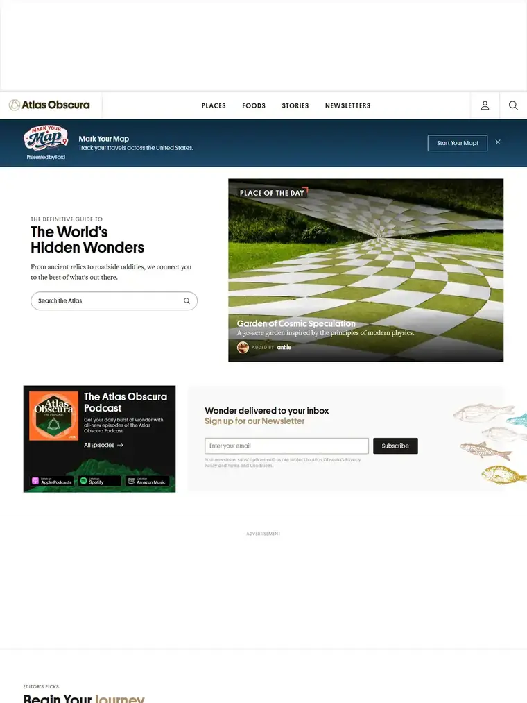 Atlas Obscura homepage, full page capture