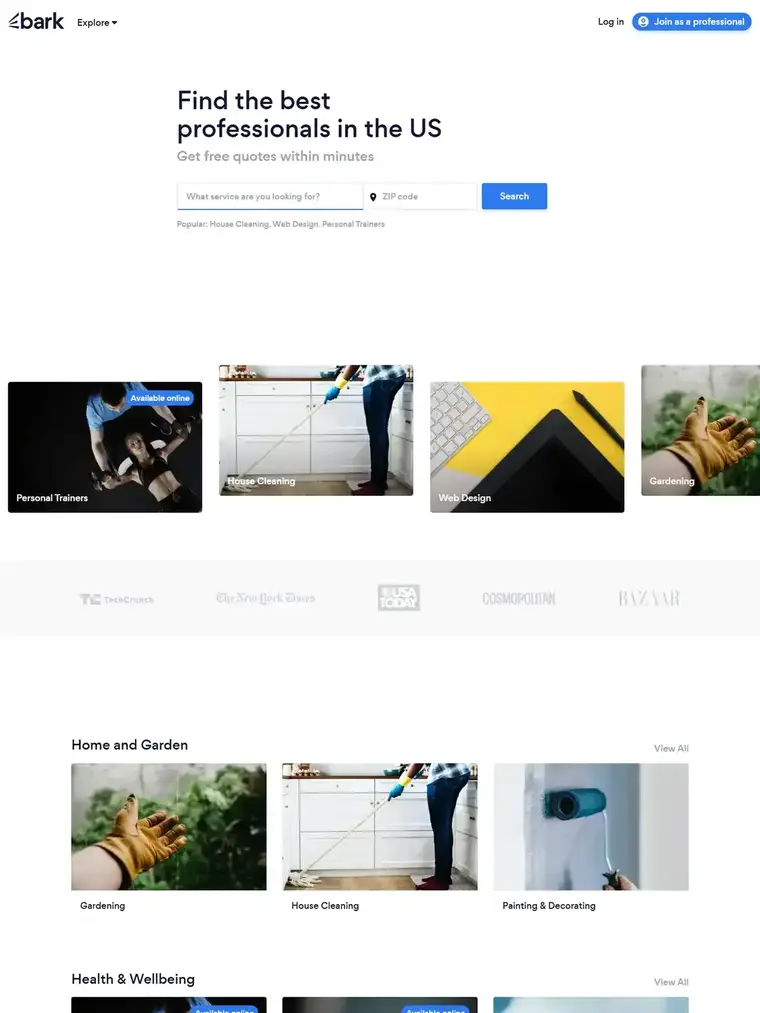 Bark homepage, full page capture