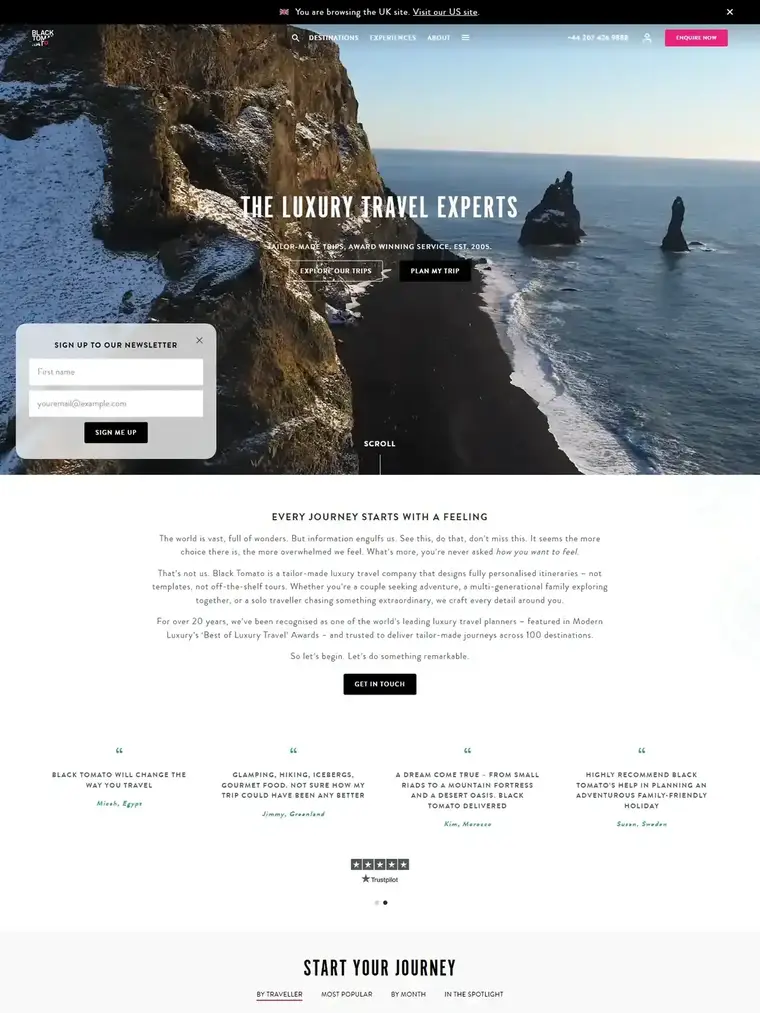 Black Tomato homepage, full page capture