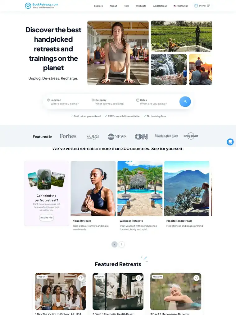 BookRetreats homepage, full page capture