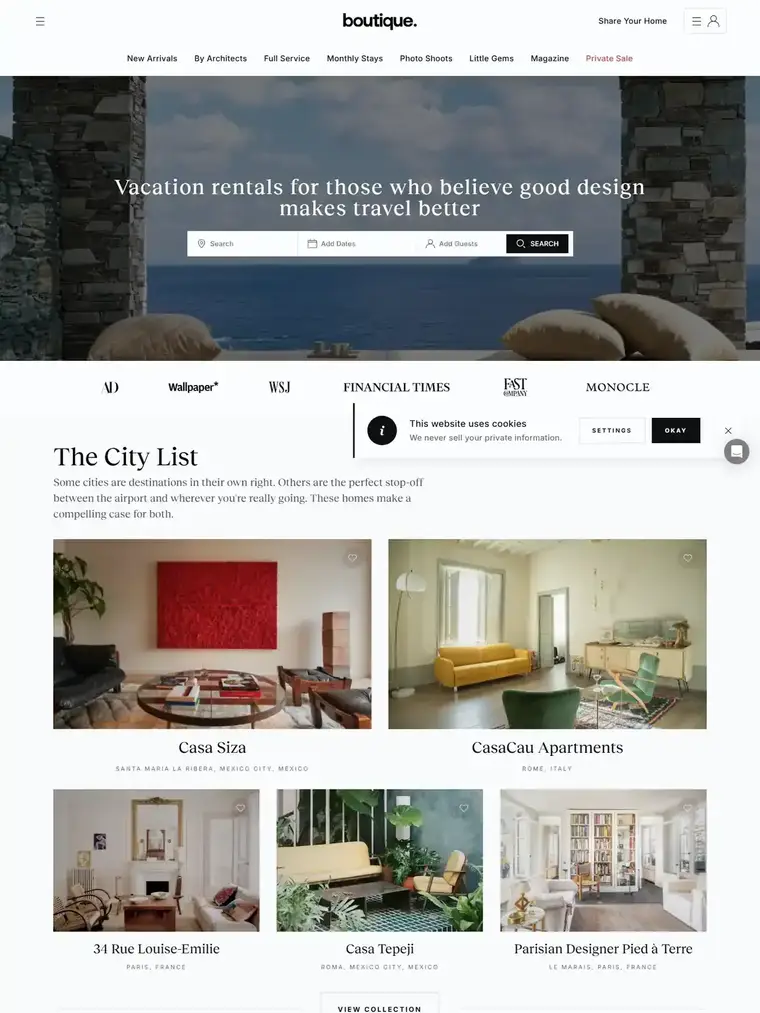 Boutique Homes homepage, full page capture