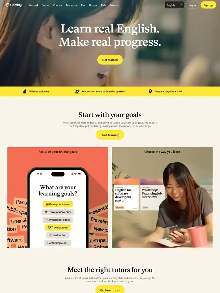Cambly homepage, full page capture