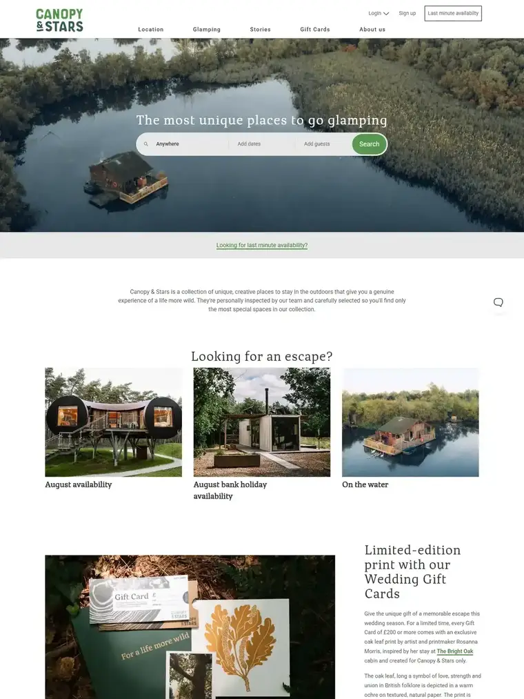 Canopy & Stars homepage, full page capture