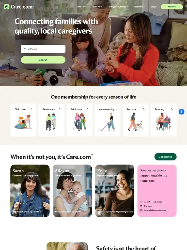 Care.com homepage, full page capture