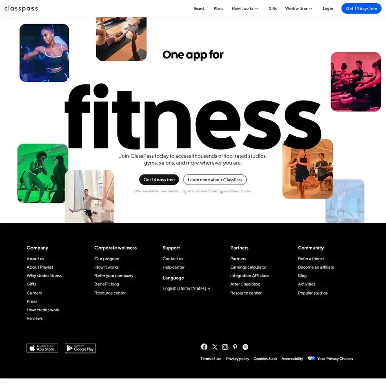 ClassPass homepage, full page capture