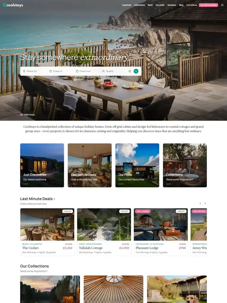 Coolstays homepage, full page capture