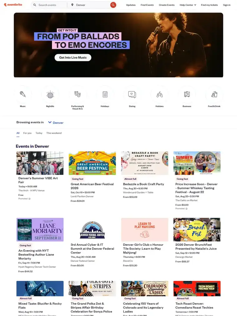 Eventbrite homepage, full page capture