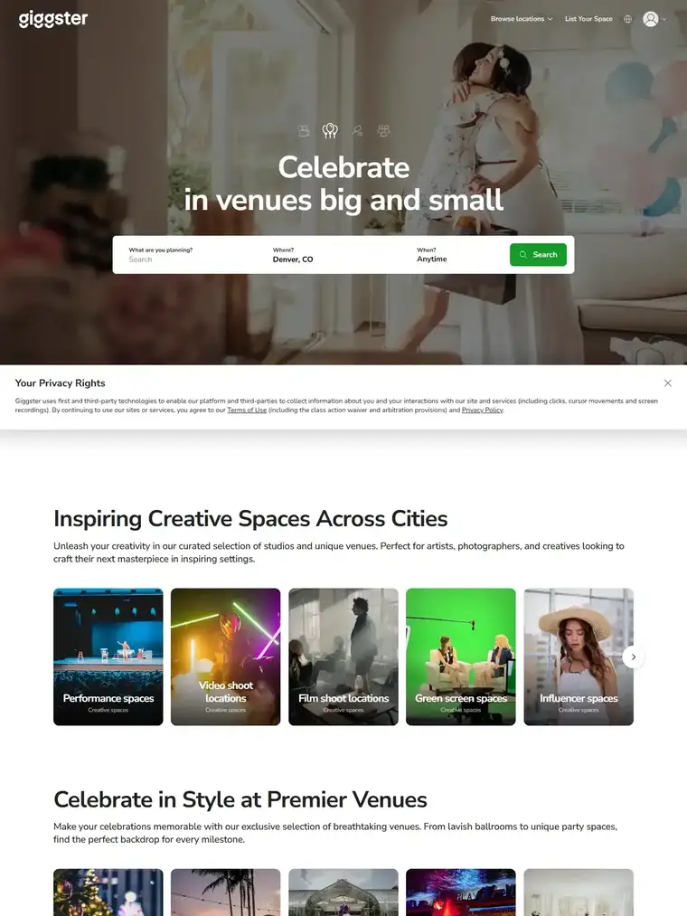 Giggster homepage, full page capture