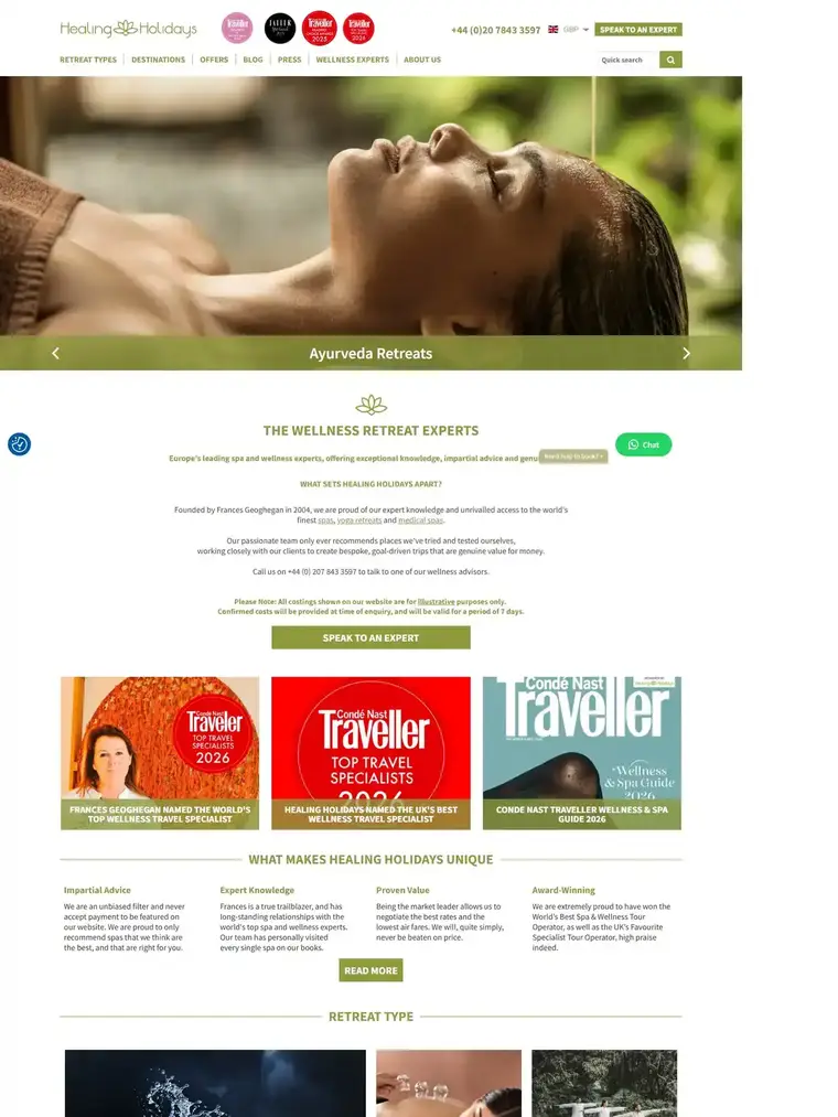 Healing Holidays homepage, full page capture