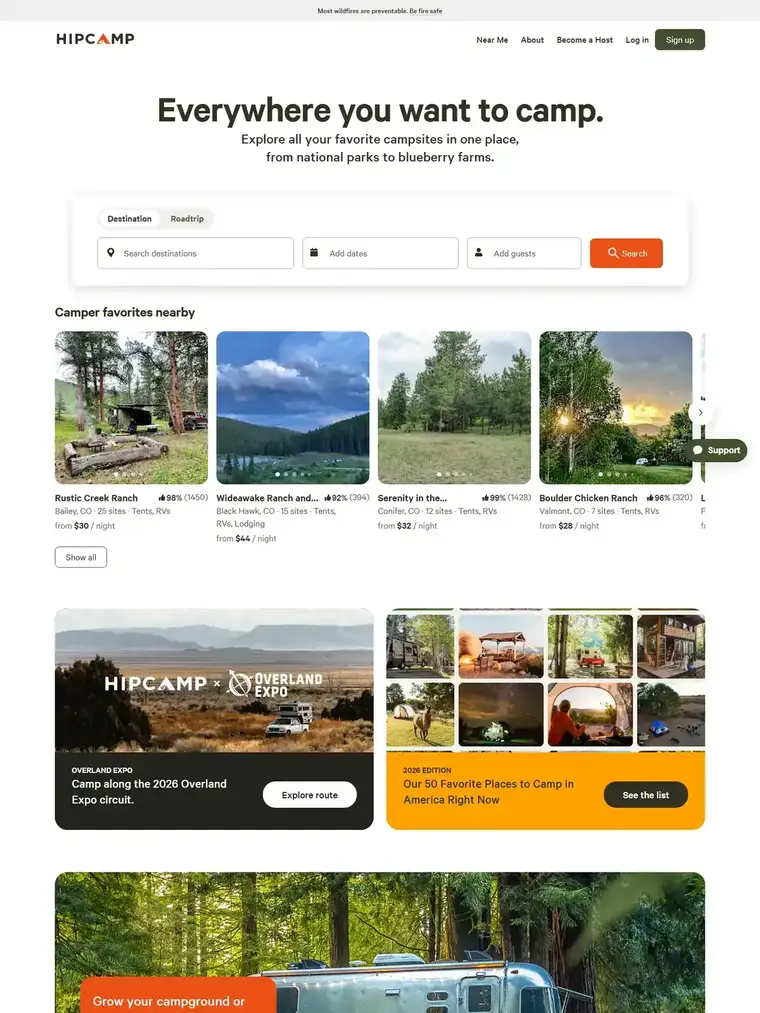 Hipcamp homepage, full page capture