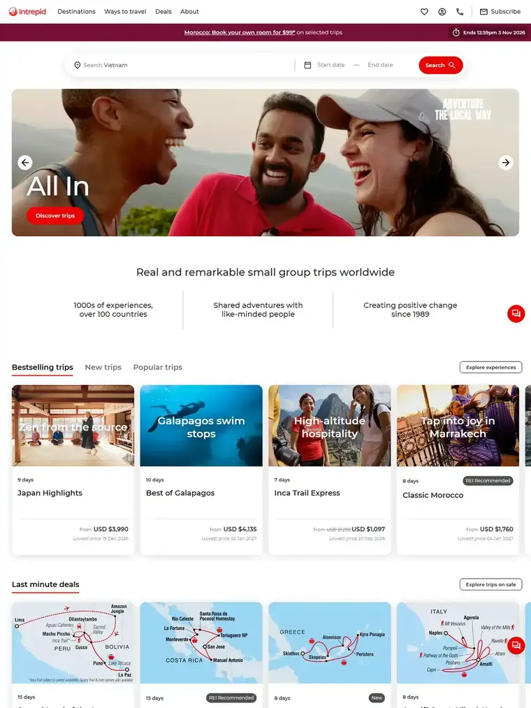 Intrepid Travel homepage, full page capture