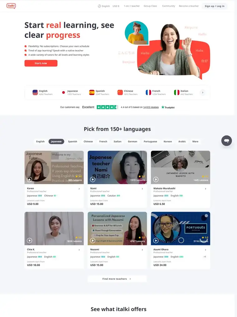 italki homepage, full page capture