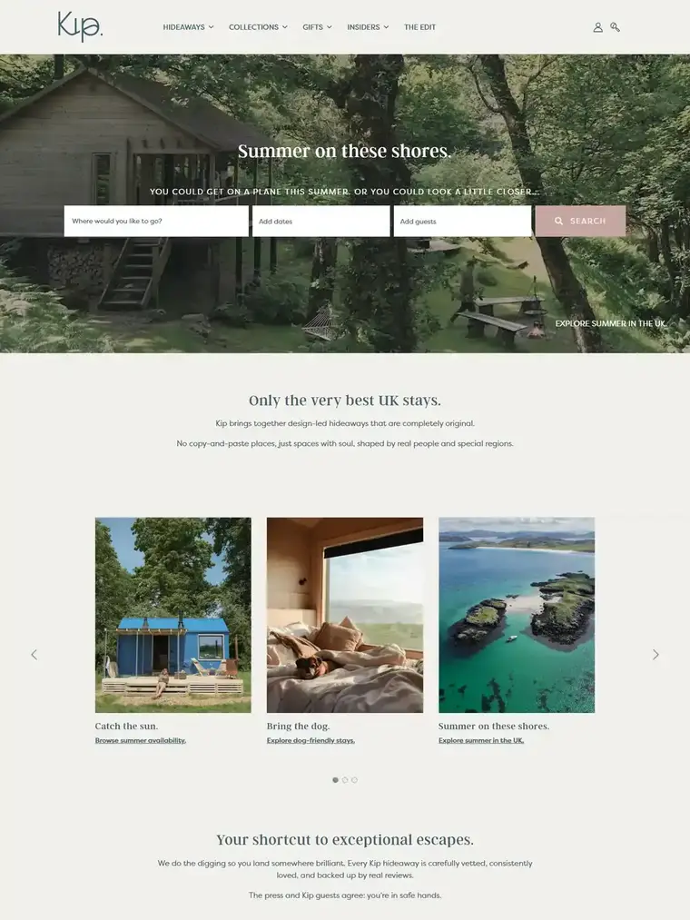 Kip Hideaways homepage, full page capture