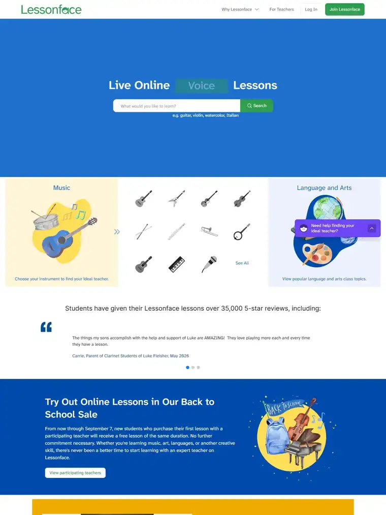 Lessonface homepage, full page capture
