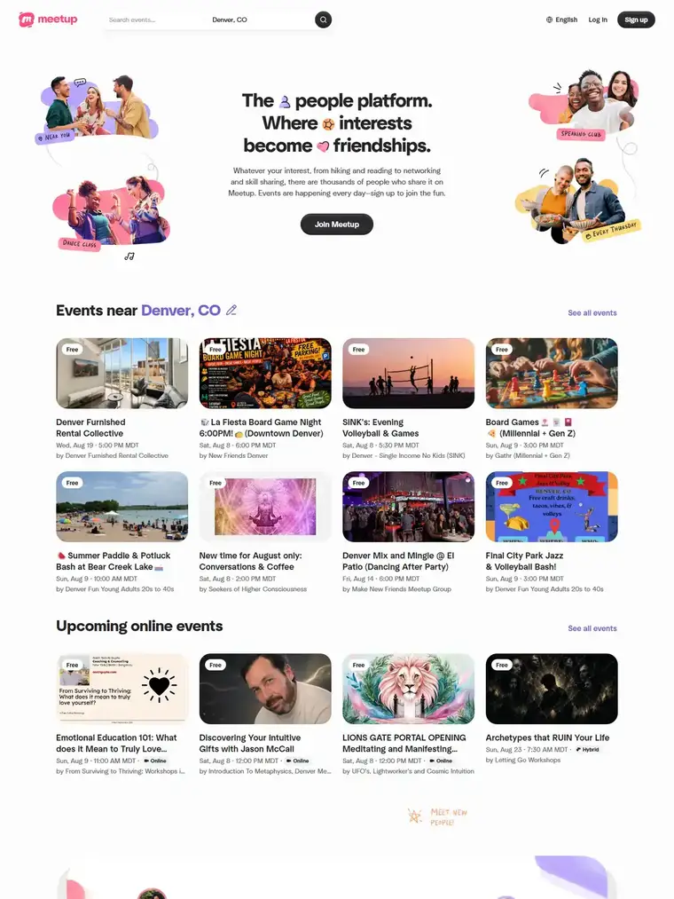 Meetup homepage, full page capture