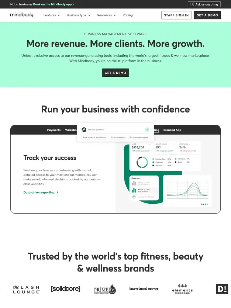 Mindbody homepage, full page capture
