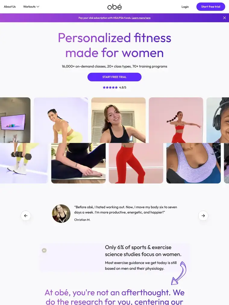 Obe Fitness homepage, full page capture