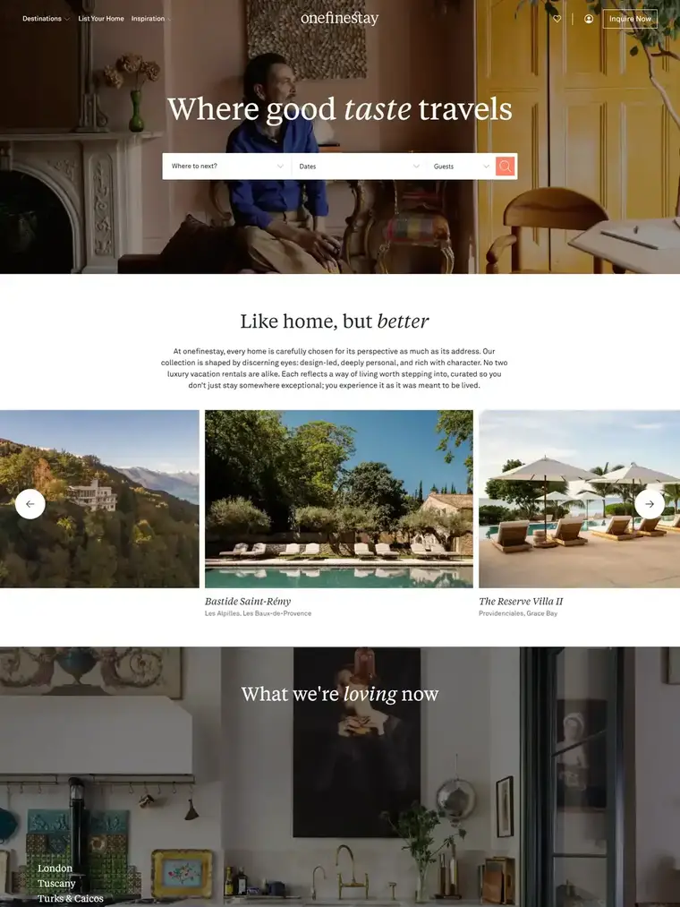 Onefinestay homepage, full page capture