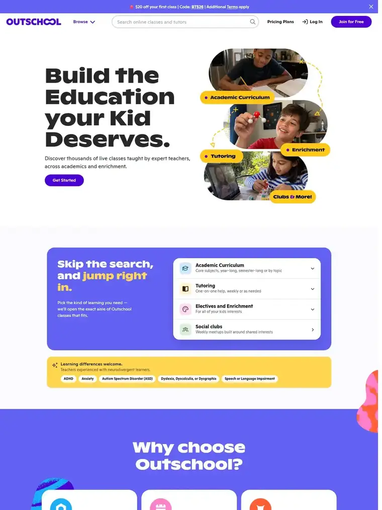 Outschool homepage, full page capture