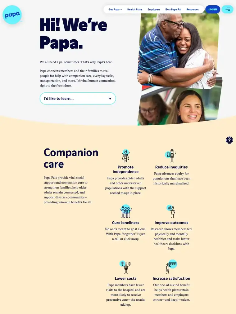 Papa homepage, full page capture