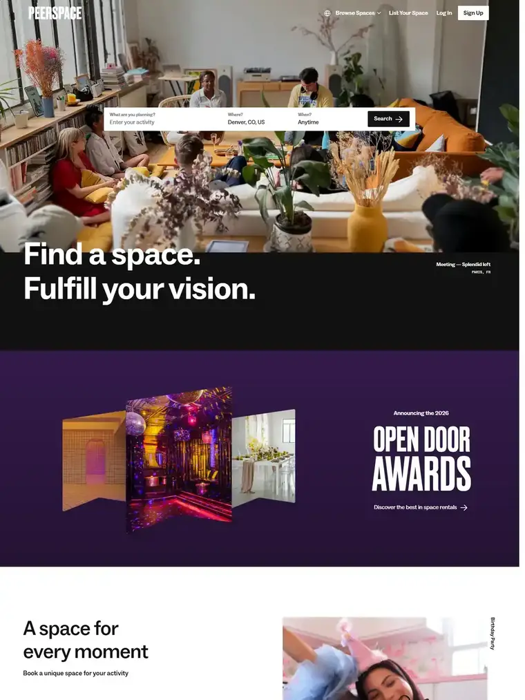 Peerspace homepage, full page capture