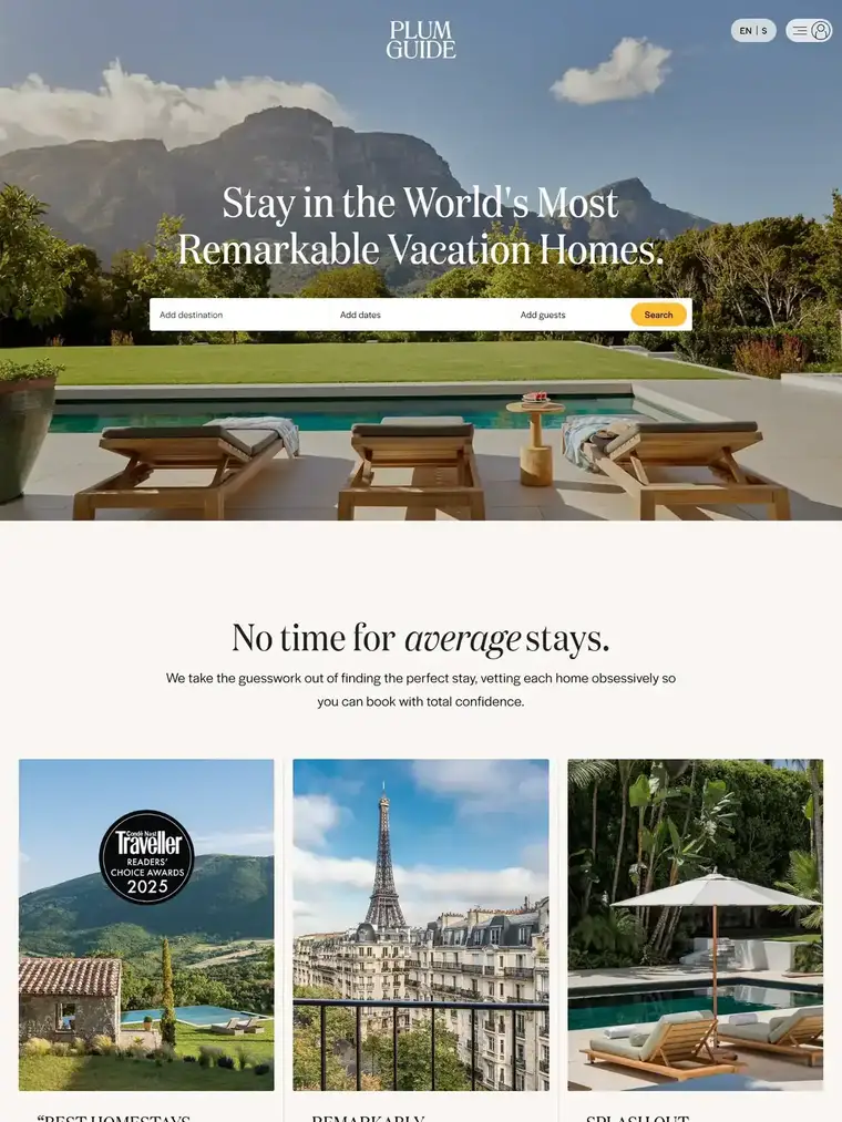 Plum Guide homepage, full page capture