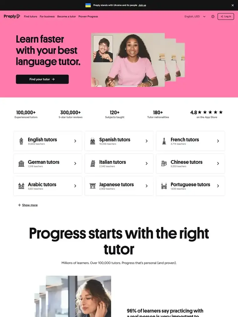 Preply homepage, full page capture