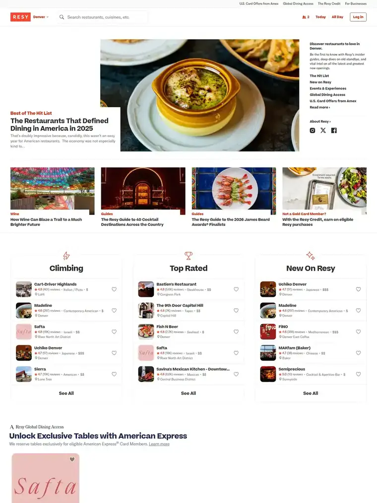 Resy homepage, full page capture