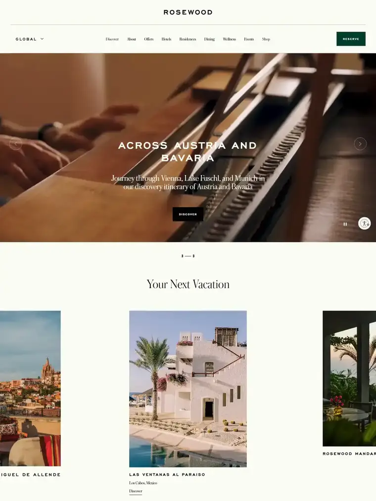 Rosewood Hotels homepage, full page capture