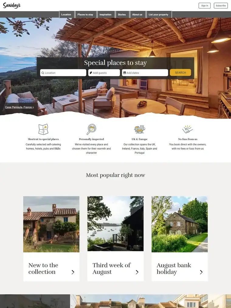 Sawday's homepage, full page capture