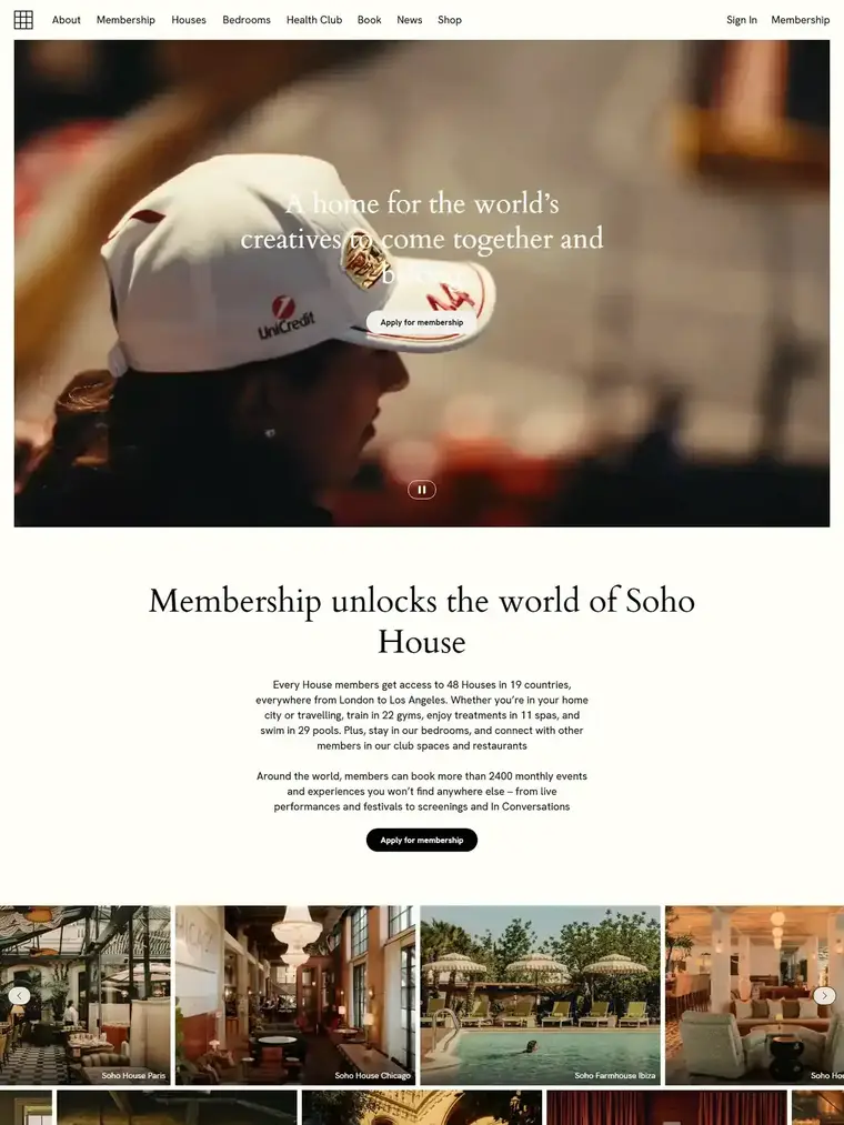 Soho House homepage, full page capture