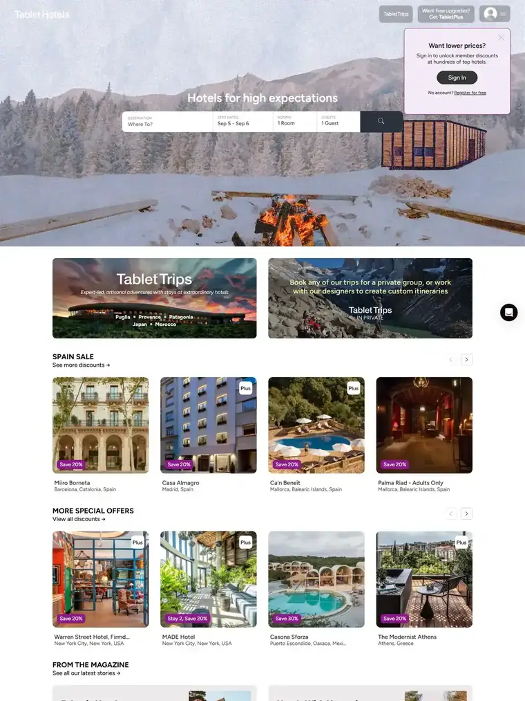 Tablet Hotels homepage, full page capture