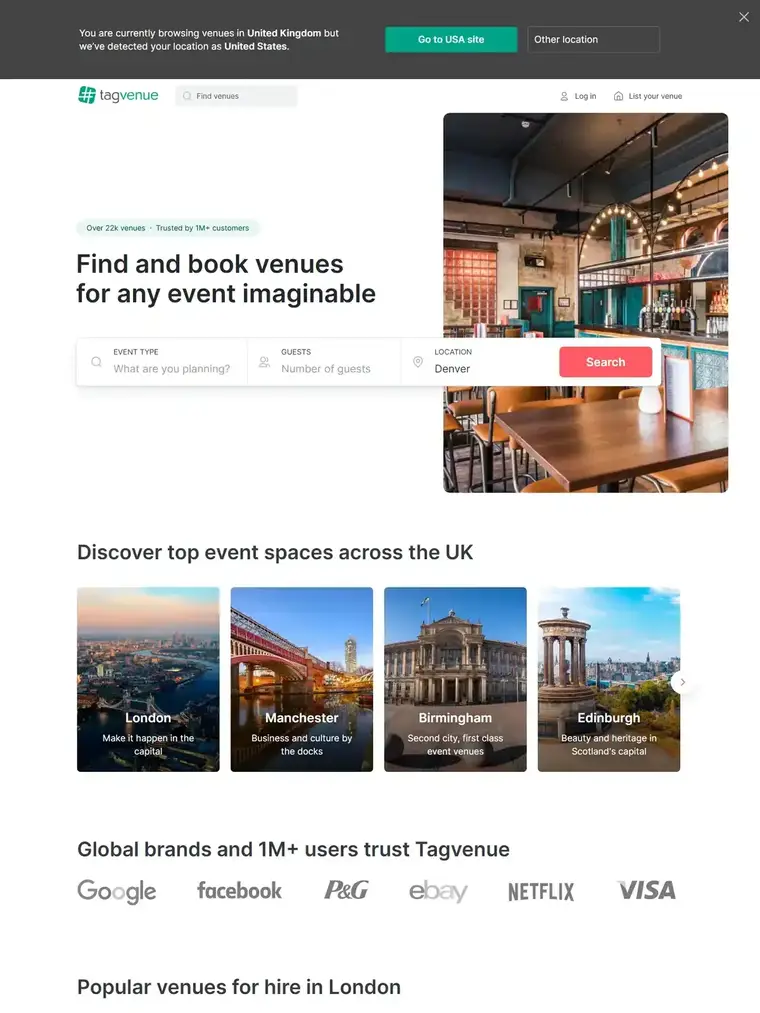 Tagvenue homepage, full page capture