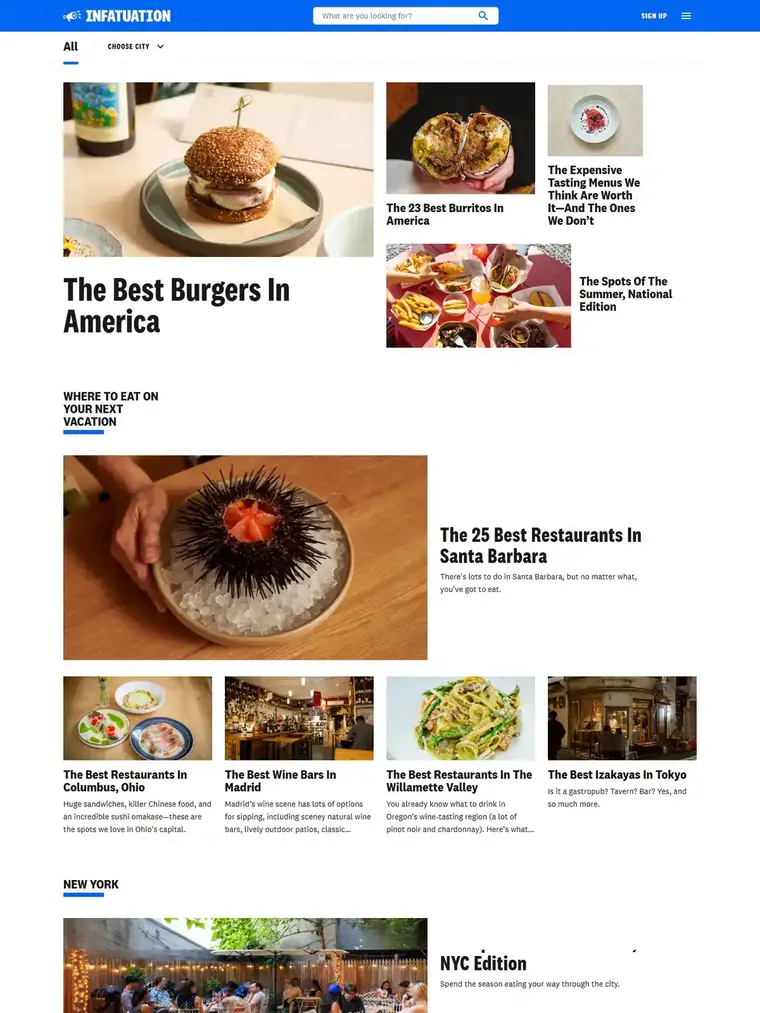 The Infatuation homepage, full page capture