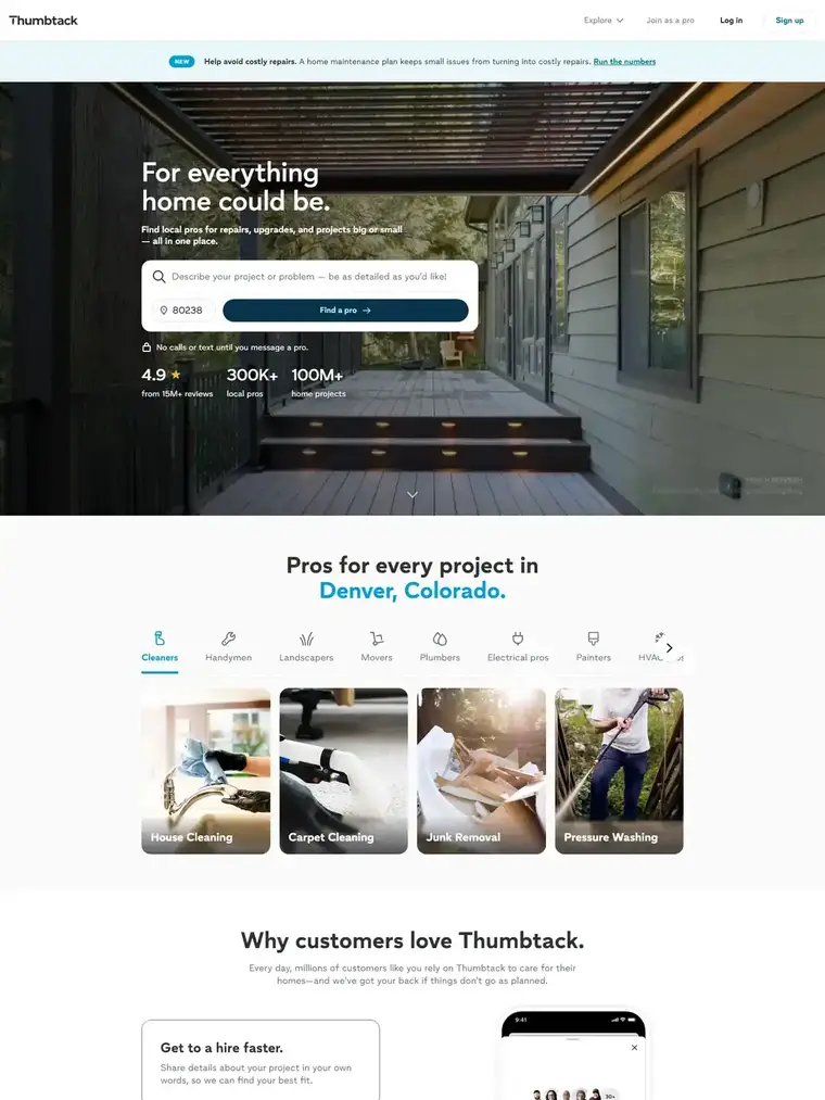 Thumbtack homepage, full page capture