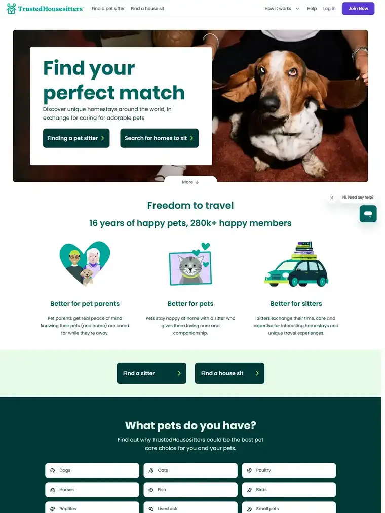 TrustedHousesitters homepage, full page capture