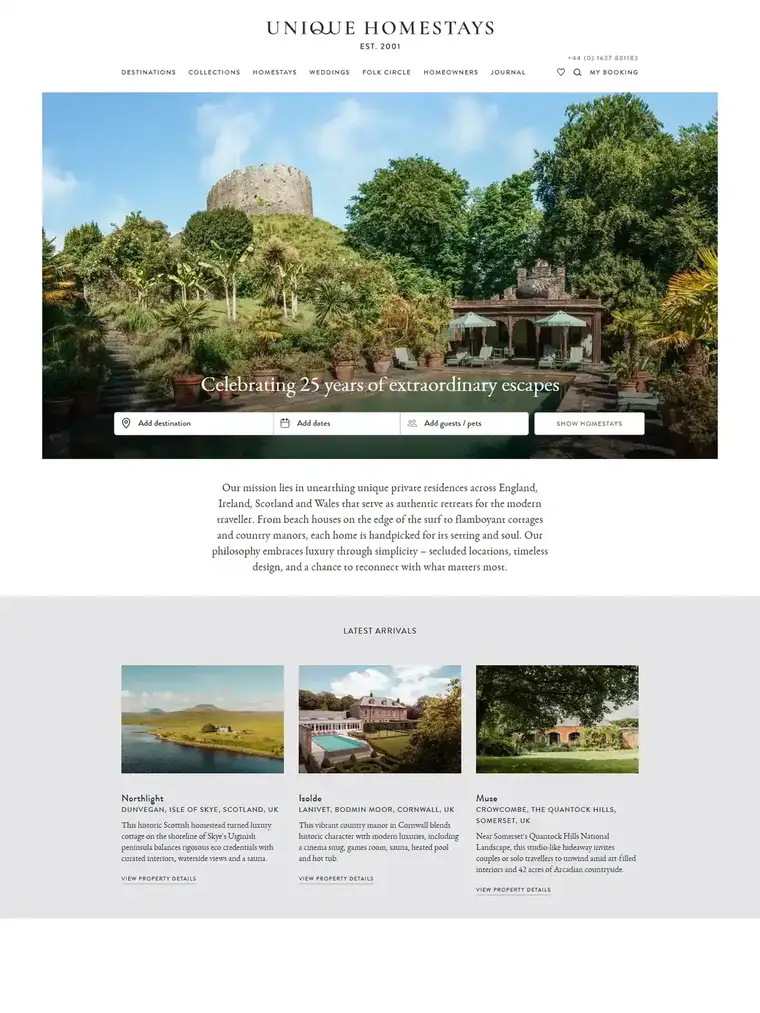 Unique Homestays homepage, full page capture