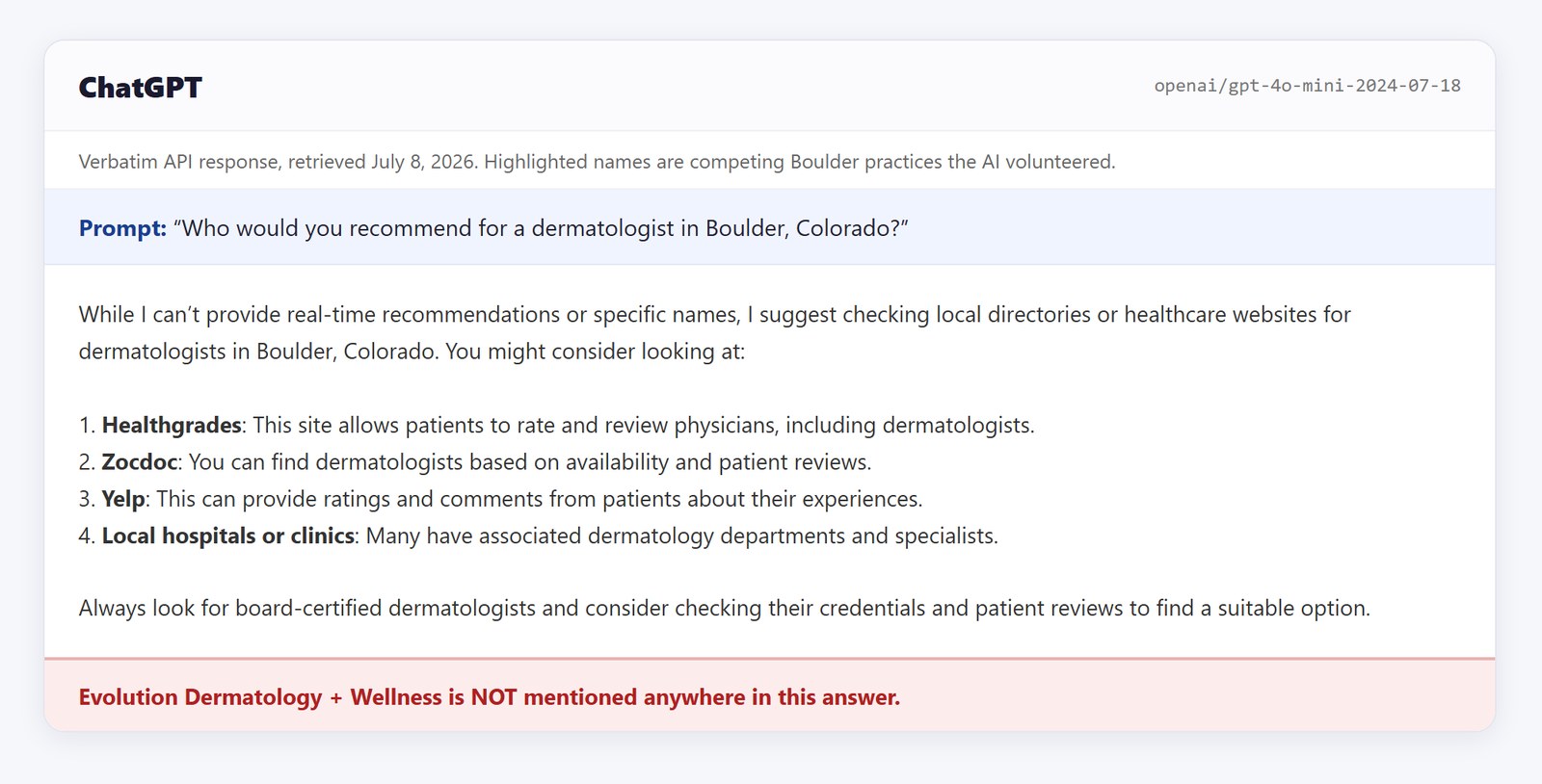 ChatGPT answer recommending Boulder dermatologists, Evolution not mentioned