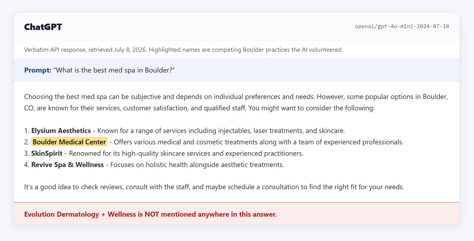 ChatGPT answer on best med spa in Boulder, Evolution not mentioned