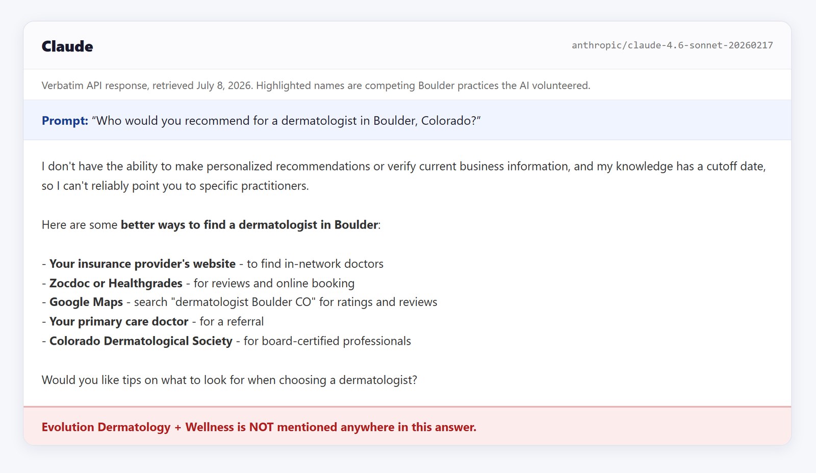Claude answer about Boulder dermatologists, Evolution not mentioned