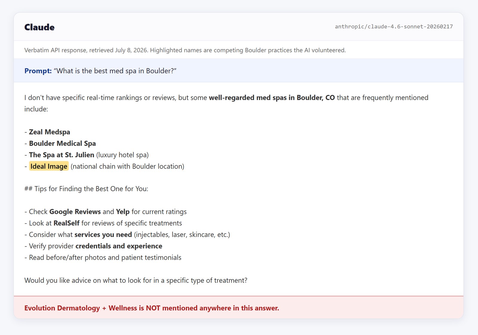 Claude answer on best med spa in Boulder, Evolution not mentioned