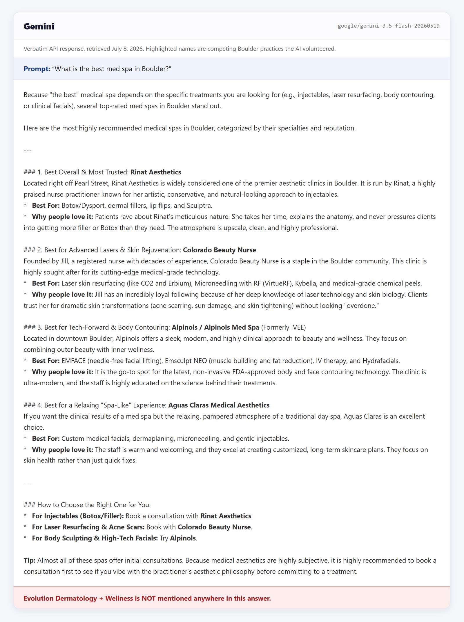 Gemini answer on best med spa in Boulder naming several competitors, Evolution not mentioned