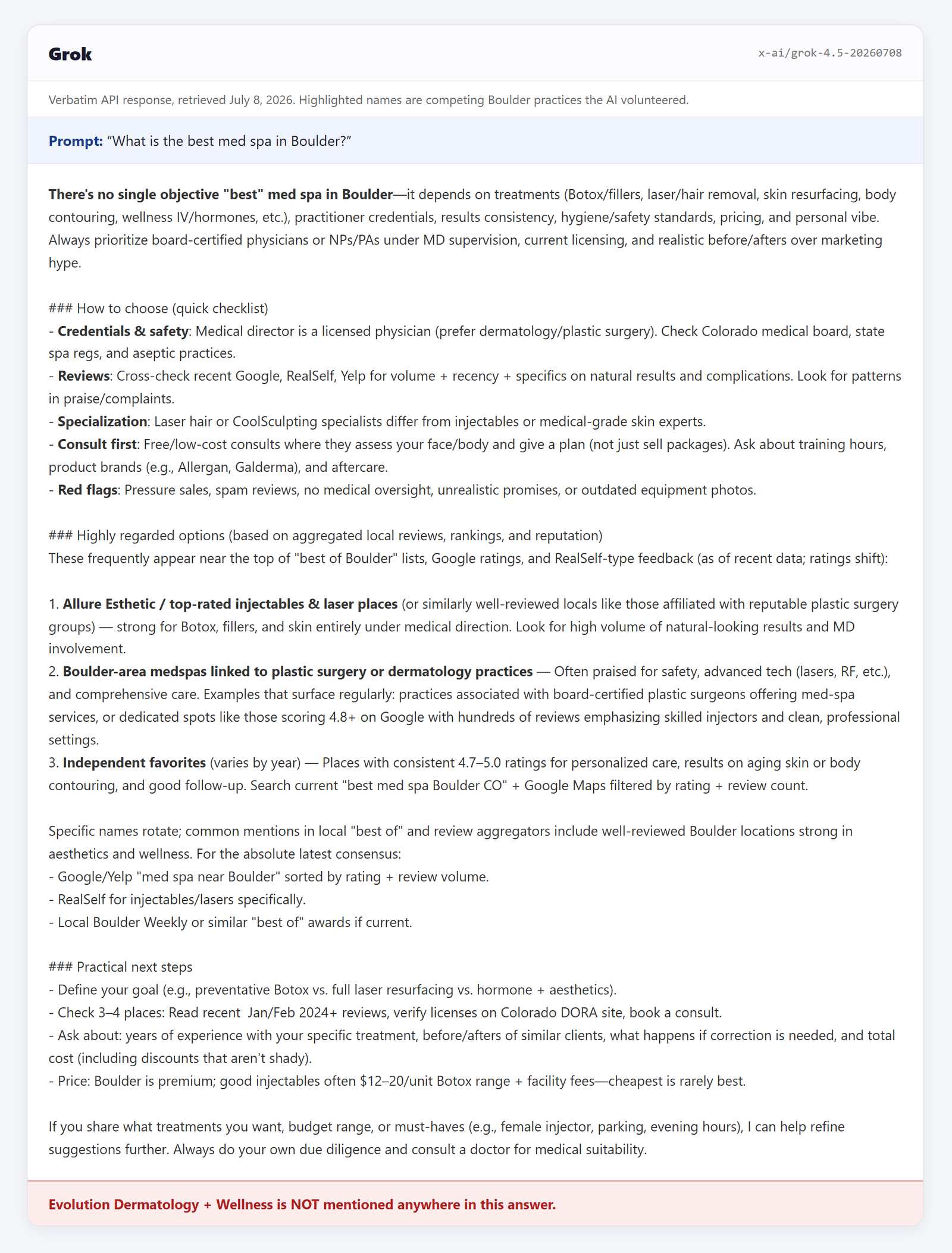 Grok answer on best med spa in Boulder, Evolution not mentioned