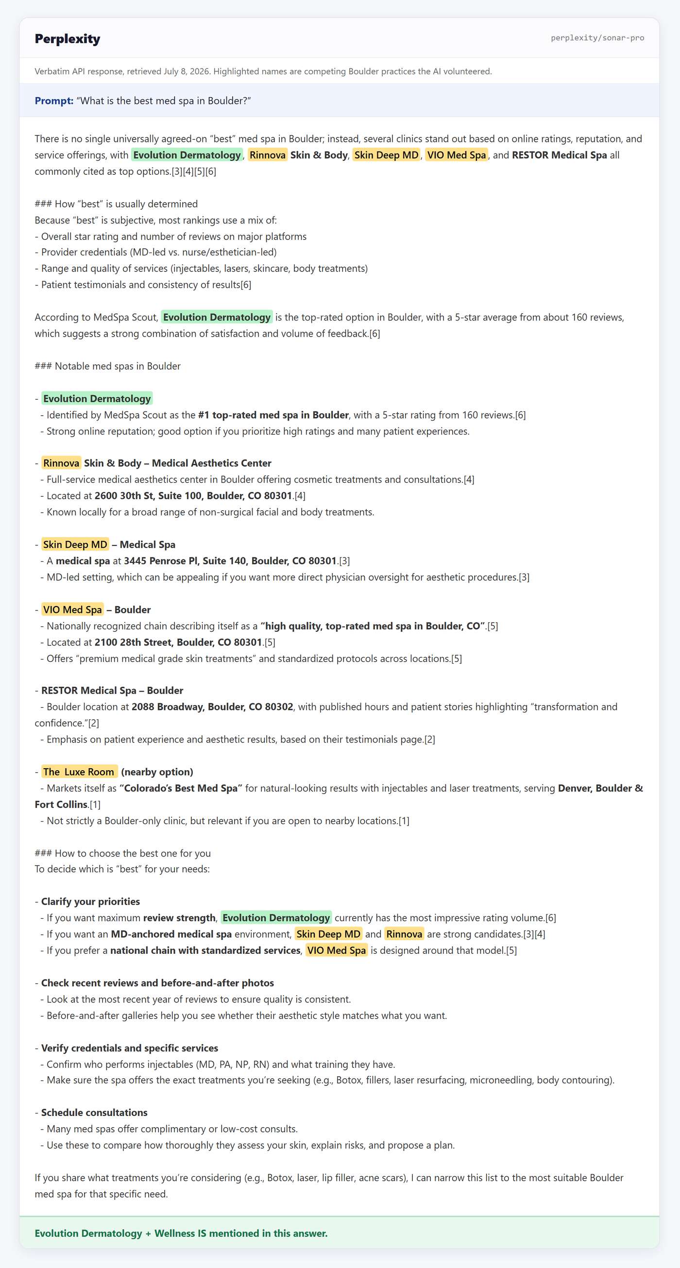 Perplexity answer on best med spa in Boulder, the one answer that mentions Evolution
