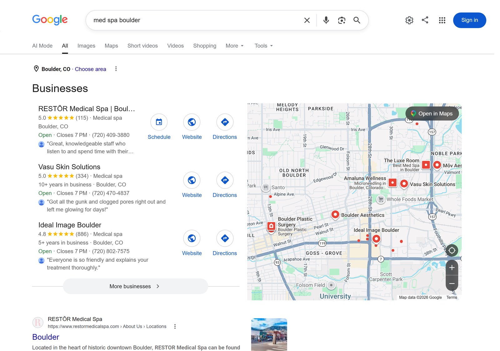Live Google results for med spa boulder showing RESTOR, Vasu, and Ideal Image in the map pack, with no Evolution Dermatology