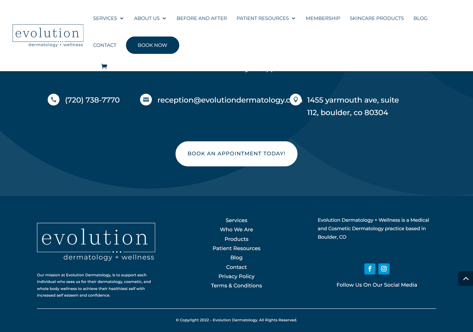 Evolution Dermatology homepage footer showing Copyright 2022
