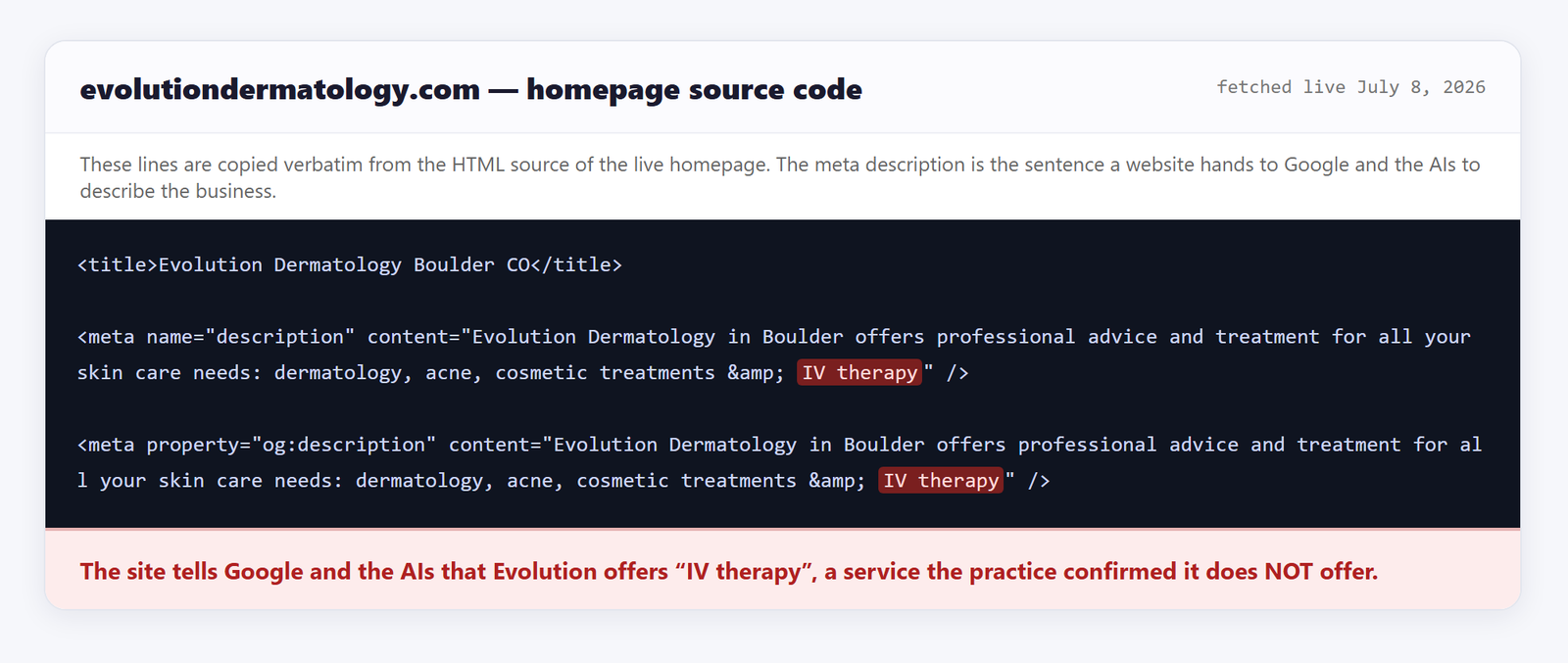 Homepage source code showing the meta description advertising IV therapy