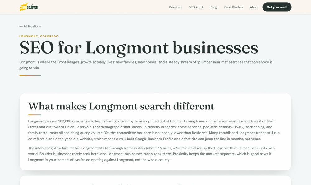 The SEO Believer Longmont page before the fix, with small text running the full width of the screen.